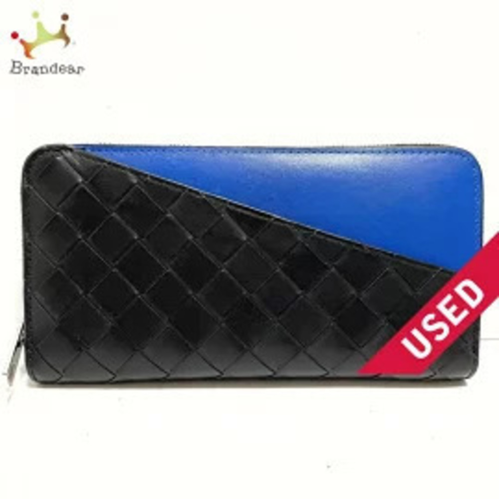 BOTTEGA VENETA Zip Around Wallet Long Round Zipper Black x Blue Leather